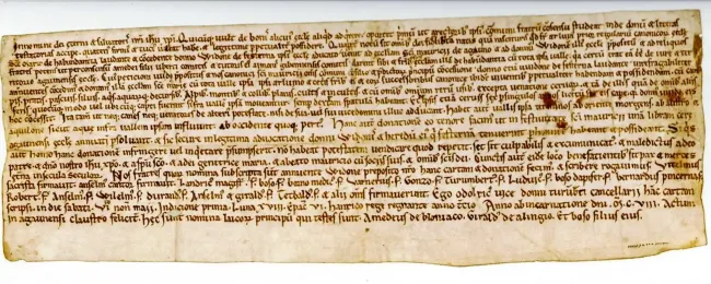 2 mai 1108 - Acte de donation entre l’Abbaye de Saint-Maurice d’Agaune et l’Abbaye d’Abondance Archives de l’Abbaye de Saint-Maurice d'Agaune, Charles 55/1/1-1 © Archives de l'Abbaye de Saint Maurice