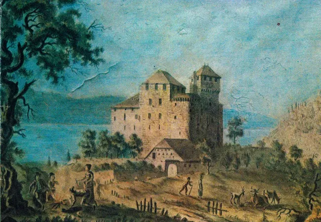 Peinture du Château de Menthon et du lac d’Annecy au début du XIXe siècle par Prosper Dunant