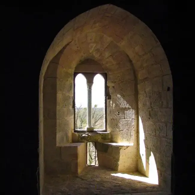 Baie Géminée de la grande salle du château de Coudray-Salbart © Michel Rodon, Amis du Coudray Salbart
